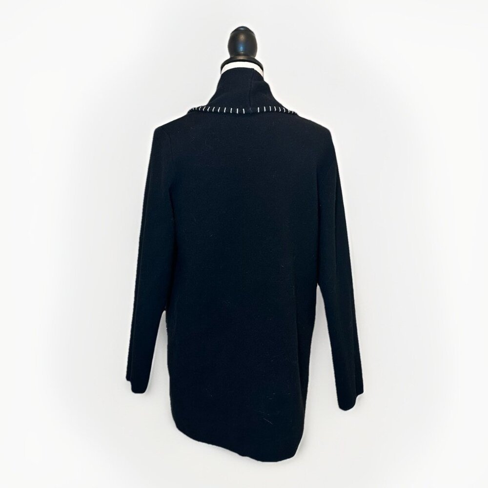 Magaschoni Sweater Women’s Large Black Cardigan White Stitch Trim Front Pockets - Picture 2 of 9